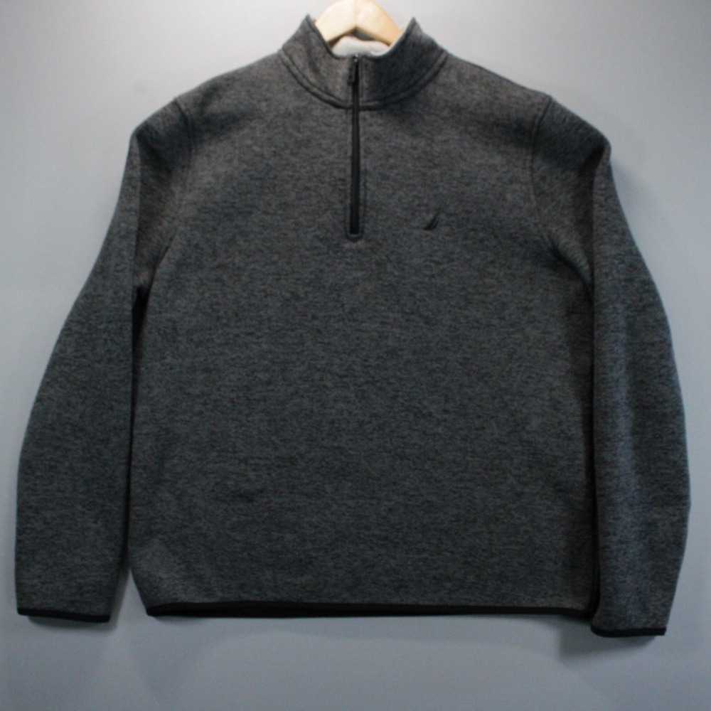 Nautica Mens L Quarter Zip Fleece Pullover Sweater Charcoal Gray Outdoor Active